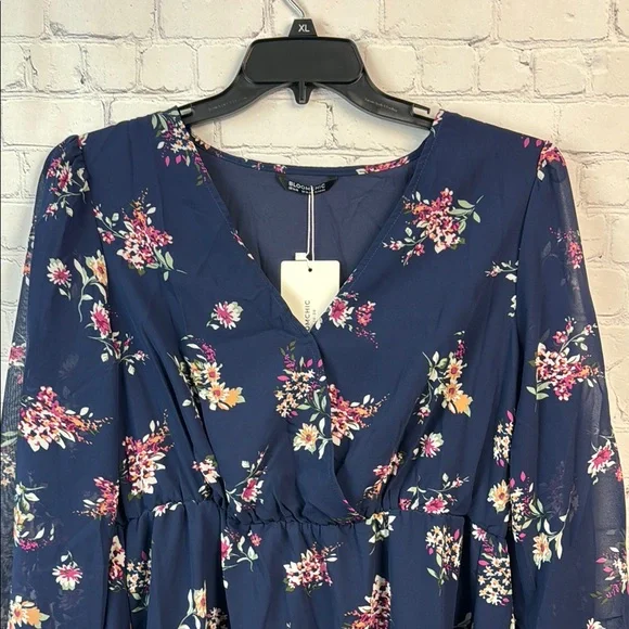 BloomChic Blue and Pink Floral Long Sleeve Sheer Overlay Dress - Picture 5 of 7